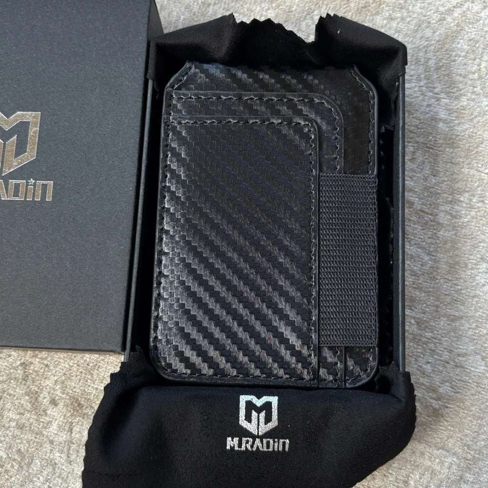 Brand New Muradin Black Carbon Fiber Minimalist Wallet RFID Blocking Card Holder